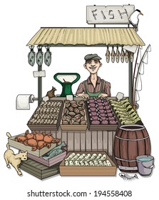 Man selling fish in an outdoors market, vector illustration