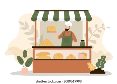 Man Selling Fresh Baked Goods At Street Kiosk. Different Types Of Bread Presented In Display Case. Small Business Concept. Bakery Shop With Various Assortment Buns And Loaf. Flat Vector Illustration