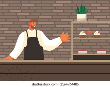 Man selling fresh baked goods in bakehouse. Different types of bread presented in display case. Small business concept. Male character working in bakery shop with assortment of desserts, cakes