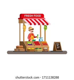 man selling fresh vegetable and fruit in traditional wooden market food stall. cartoon flat illustration vector isolated in white background