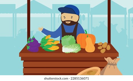 Man selling fresh vegetables in the market. Vector illustration in flat style