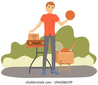 Man is selling his sports equipment at garage sale in sunny day. Event for sale of used things for low price. Free time outdoor activity event vector illustration. Discounts on non-new items