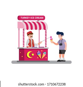 man selling ice cream traditional street food from turkey in cartoon flat illustration vector isolated in white background