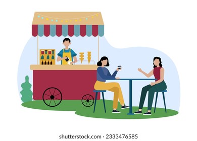 Man selling ice-cream, females drinking coffee. Selling food outdoors. Kiosk with fast food and coffee, summer trading tents with vendors and customers. Flat vector illustration in cartoon style