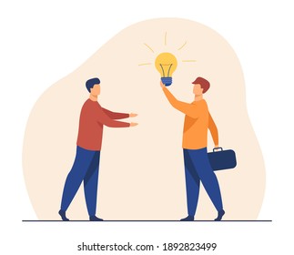 Man selling idea for startup. Shining lightbulb, partners, finding investors. Flat vector illustration. Business, new project, partnership concept for banner, website design or landing web page