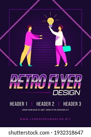 Man selling idea for startup. Shining lightbulb, partners, finding investors. Flat vector illustration. Business, new project, partnership concept for banner, website design or landing web page