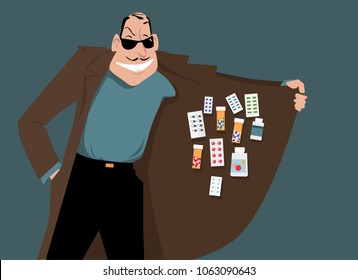 Man Selling Illegal Or Counterfeit Drugs, EPS 8 Vector Illustration