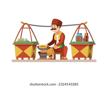 Man Selling Kerak Telor Traditional Street Food From  Jakarta, Indonesia Cartoon illustration Vector