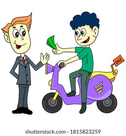 a man selling motorbikes. cartoon illustration cute sticker