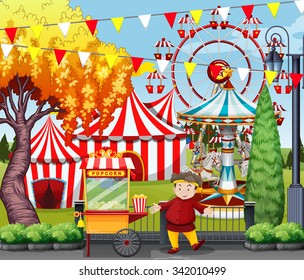 Man selling popcorn at the amusement park illustration