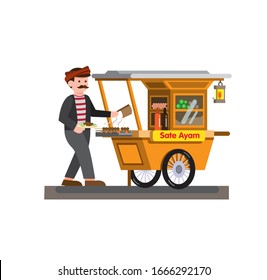 Man selling satay chicken indonesian traditional food in cart cartoon flat illustration vector isolated in white background