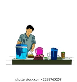 a man selling sugarcane ice is preparing his drink order on a white background