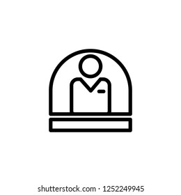 Man selling ticket at counter stand, icon vector illustration in line/outline style