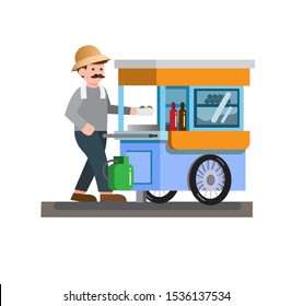 man selling traditional street food noodle meatball soup, cart, trolley, flat design vector