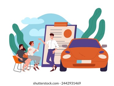 Hombre vende concepto de coche. Concesionario de automóviles hablar con el chico y la chica cerca de un gran coche rojo. Automóvil y transporte. Trato y acuerdo, contrato. Ilustración plana del vector de la historieta aislada sobre fondo blanco