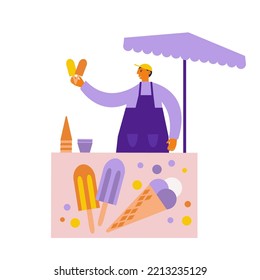 Man sells fruit ice. Ice cream street food stall. Flat cartoon vector illustration