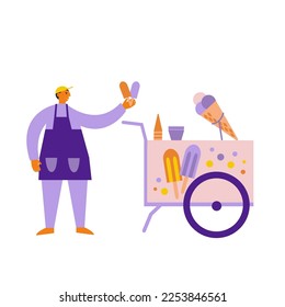 Man sells fruit ice from a mobile cart. Ice cream street food stall. Flat cartoon vector illustration