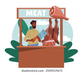 Man sells meat. Young guy with cleaver near leg of pig and chicken, beef. Frozen and fresh meat. Natural and organic products. Flat vector illustration isolated on white background