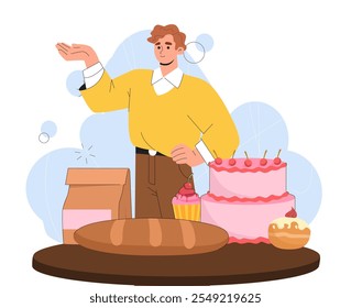 O homem vende doces. Jovem com bolo de cereja e cupcake. Saco de farinha e pão. Produtos caseiros de pastelaria e padaria. Sobremesa e delicadeza. Comércio e comércio a retalho, ocupação. Ilustração de vetor plano