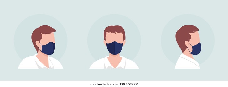 Man semi flat color vector character avatar with mask set. Portrait with respirator from front and side view. Isolated modern cartoon style illustration for graphic design and animation pack