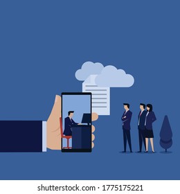 Man send file through cloud metaphor of online work and work from home. Business flat vector concept illustration.