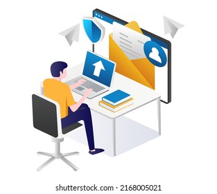 Man is sending and dealing email isometric illustration