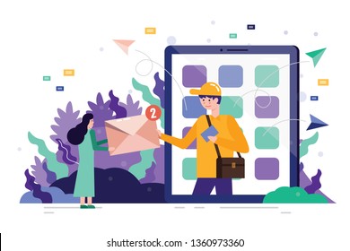 Man sending emails to customer on computer screen. Online marketing, Mail service and correspondence delivery concept. flat design vector illustration