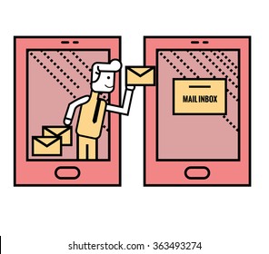 Man sending Emails from smart phone.flat thin line design elements. vector illustration