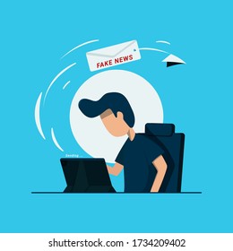 The man sending fake news e-mail. Man using tablet to upload a fake news to internet. Flat illustration style EPS.10
