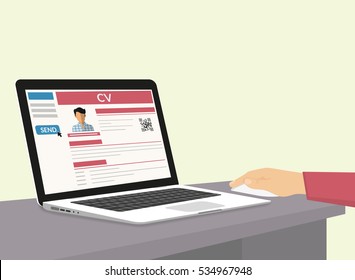 Man is sending his CV via e-mail. Flat illustration of human hand working with laptop at home to prepare and send his cv using internet browser and recruiting website