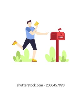 man is sending a letter red mail box people character flat design vector illustration
