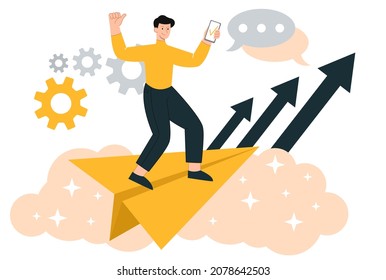 Man sending message. Character standing on paper airplane wit smartphone in his hands. Chatting metaphor. Friends interaction, social networks, modern technologies. Cartoon flat vector illustration