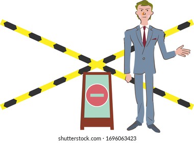 A man sending a message in front of a yellow police tape illusltration
