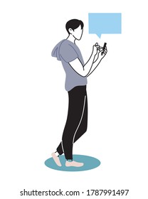 man sending message from his cell phone vector illustration design