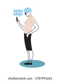 man sending message from his cell phone vector illustration design