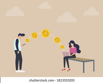 Man sending money to another user's computer using a mobile app: cryptocurrency and money transfer concept