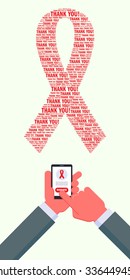 Man sending money using smartphone. World AIDS day supporting. AIDS awareness red ribbon made of "Thank you" words. Hands are cropped using clipping mask.
