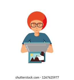 man sending picture with laptop computer