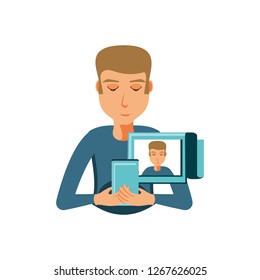 man sending picture with smartphone device