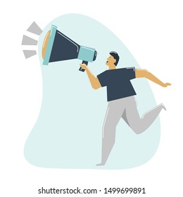 Man sends advertising message by megaphone sends oncept. Messages for the target audience. Marketing for the target market, audience, consumer group. Promotion through messages