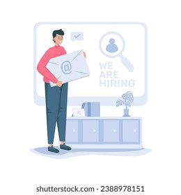A man sends an email applying for a job vector illustration