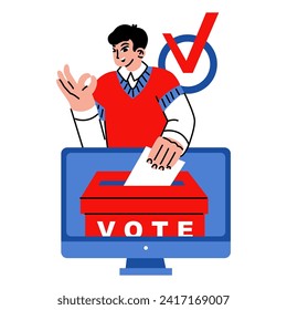 The man sends his voice through the computer. Electronic voting or social survey. Political elections. Vector illustration on a social theme.