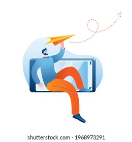 The man sends a message from his smartphone. Vector illustration on the topic of online messaging.