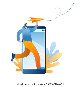 The man sends a message from his smartphone. Vector illustration on the topic of online messaging.