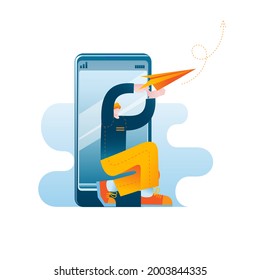 The man sends a message from his smartphone. Vector illustration on the topic of online messaging.