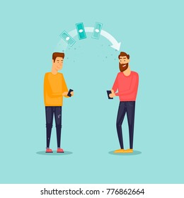 Man sends money phone. Technologies. Flat design vector illustration.