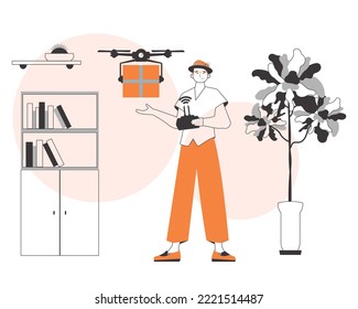 A man sends a package with a drone. Air delivery concept. Minimalistic linear style.