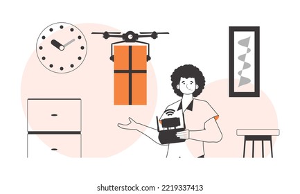 A man sends a package with a drone. The concept of cargo delivery by air. Linear style.