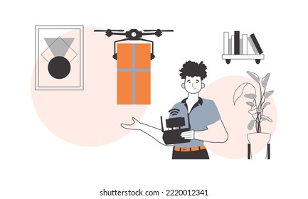 A man sends a package with a drone. The concept of cargo delivery by air. Linear modern style.