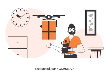 A man sends a package with a drone. The concept of cargo delivery by air. Minimalistic linear style.